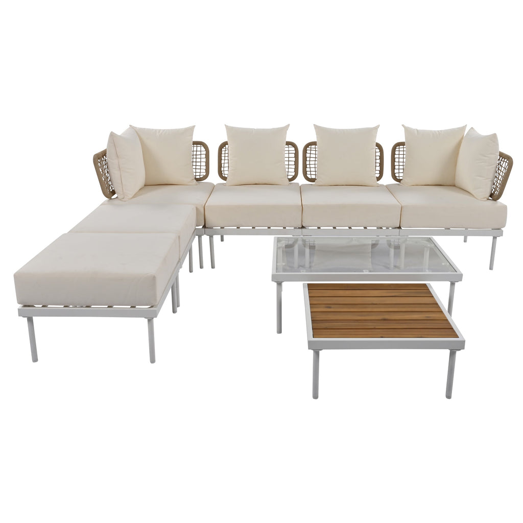 TREXM 8-Piece Patio Sectional Sofa Set with Tempered Glass Coffee Table and Wooden Coffee Table for Outdoor Oasis, Garden, Patio and Poolside (Beige Cushion + White Steel)