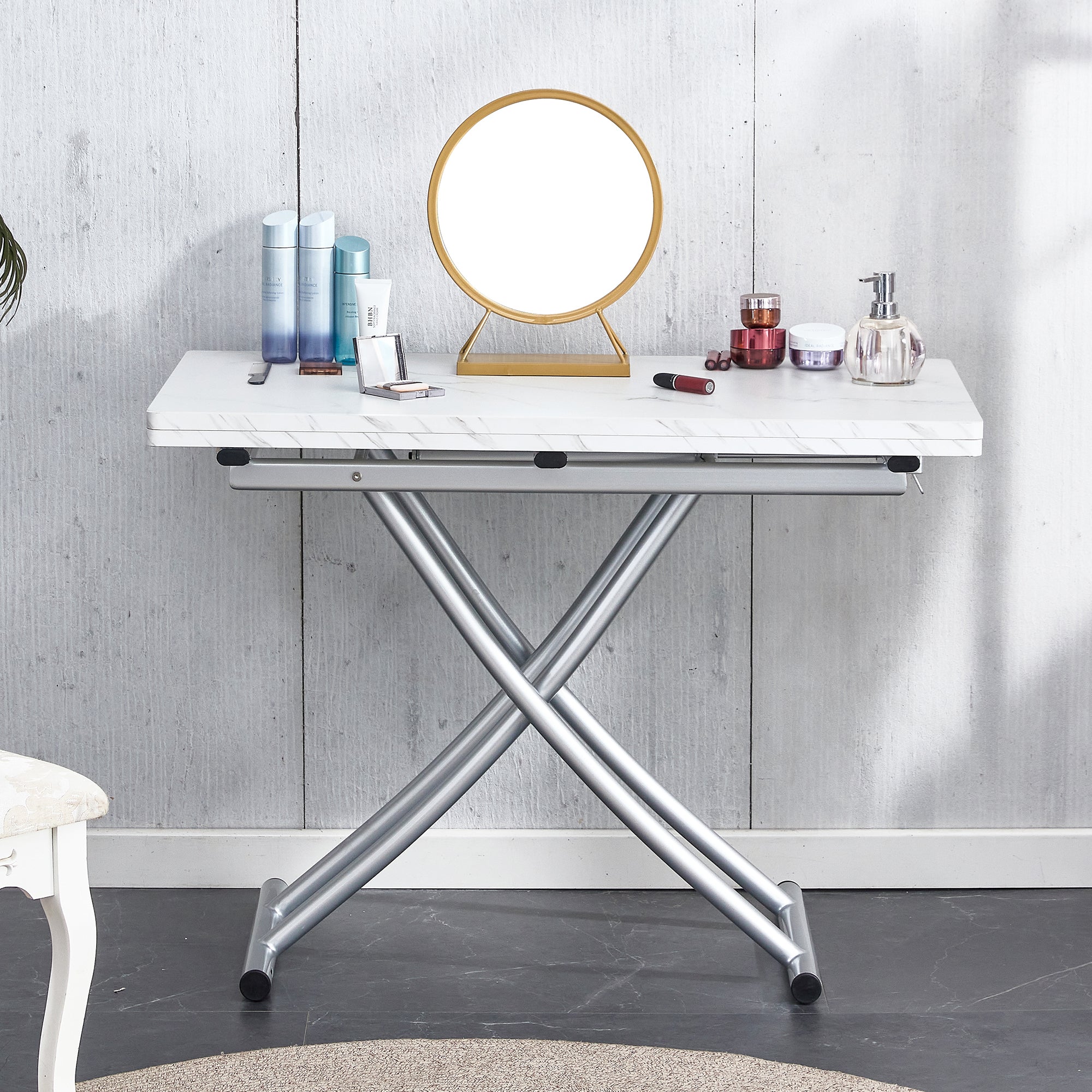 Modern minimalist multifunctional lift table with 0.8 inch MDF desktop and silver metal legs, can be used as a dressing table, coffee table, dining table, and office table