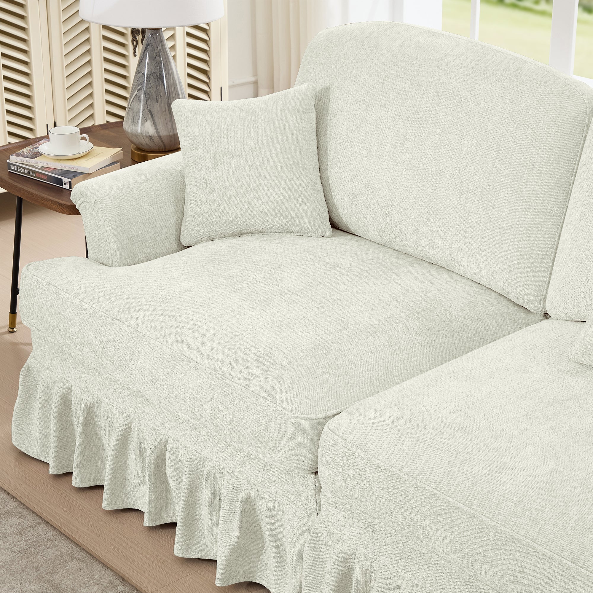 Classic 2 Piece Modular Couch Living Room Sofa Set with Flared Arms and Removable Ruffles Pleats Skirts and Spindle Legs, 3 Seater Sofa +3-Seat Loveseat Sofa Sets for Living Room, Beige White