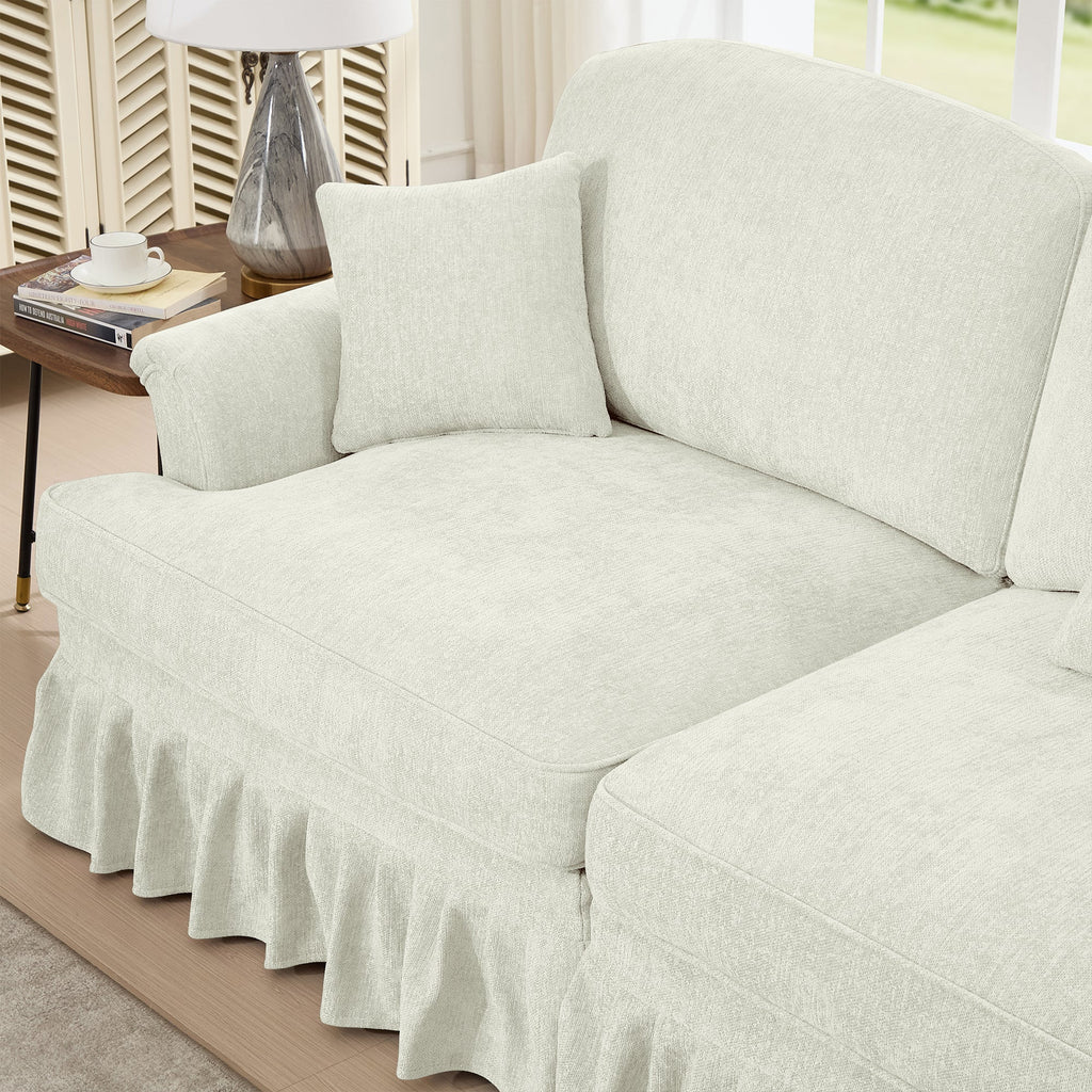 Classic Three Seater Modular L Shaped Sectional Couch with Flared Arms and Removable Ruffles Pleats Skirts and Spindle Legs, Comfy Chenille Four-Seat Deep Seat Sofa with Movable Ottoman, Beige White