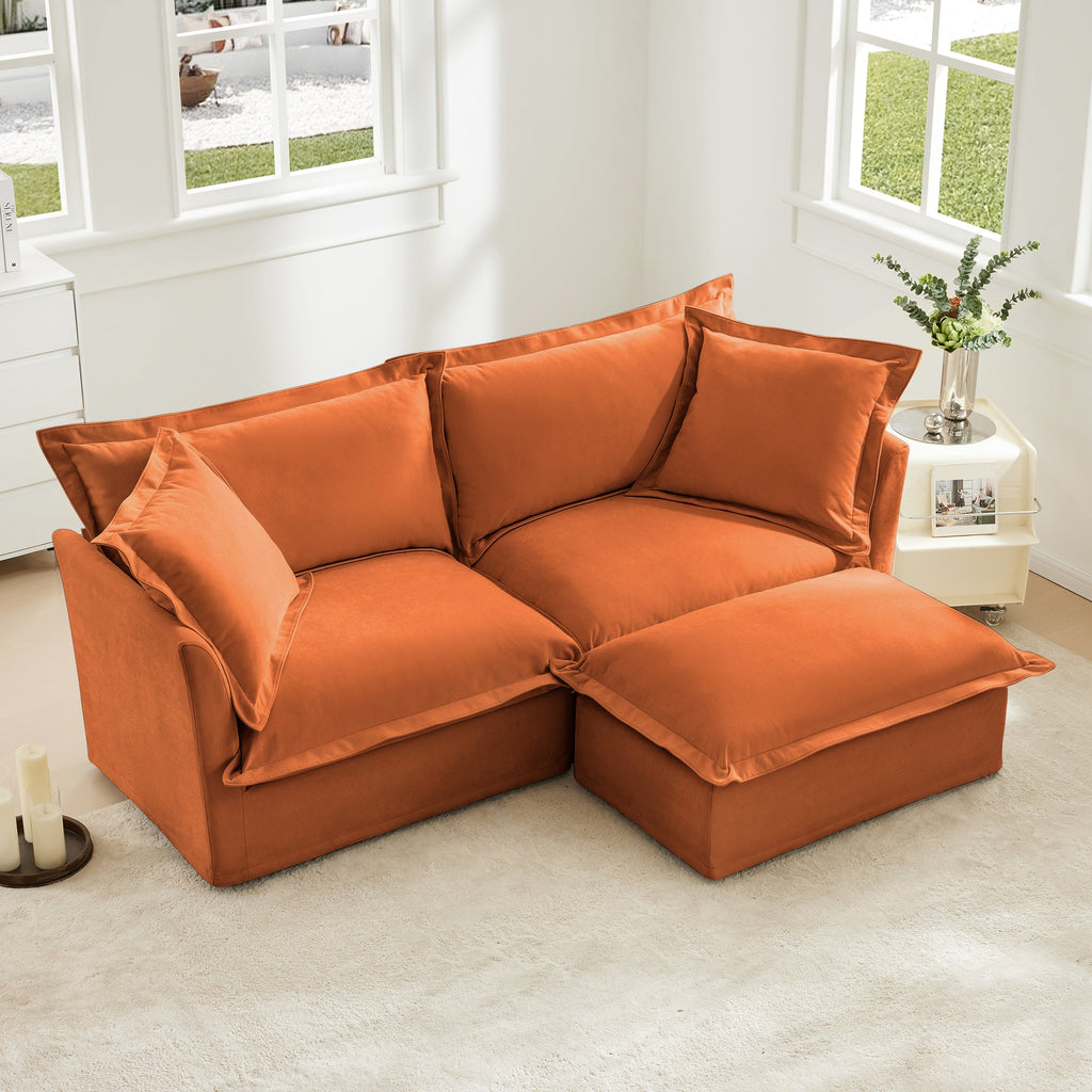 Slipcovered Sectional 2 Seater Sofa Couch with Convertible Ottoman, Wide and Deep Seat L Shaped Sofa with Detachable Cover and Soft Multiple Big Pillows, Chenille Fabric, Orange