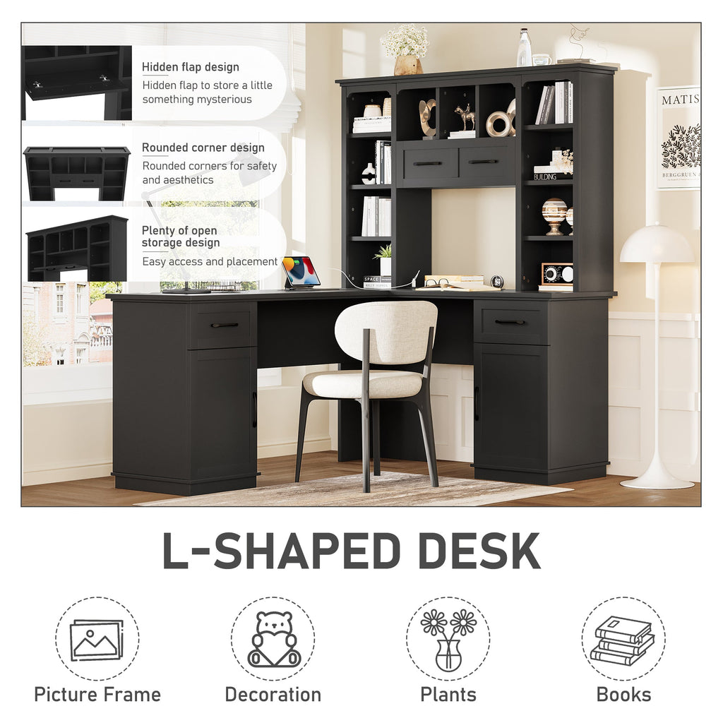 L-shaped computer desk with 2 cabinets and 2 drawers underneath the table, 11 open shelves and a flip-up shelf with storage on the right side, suitable for study, living room and office, Black