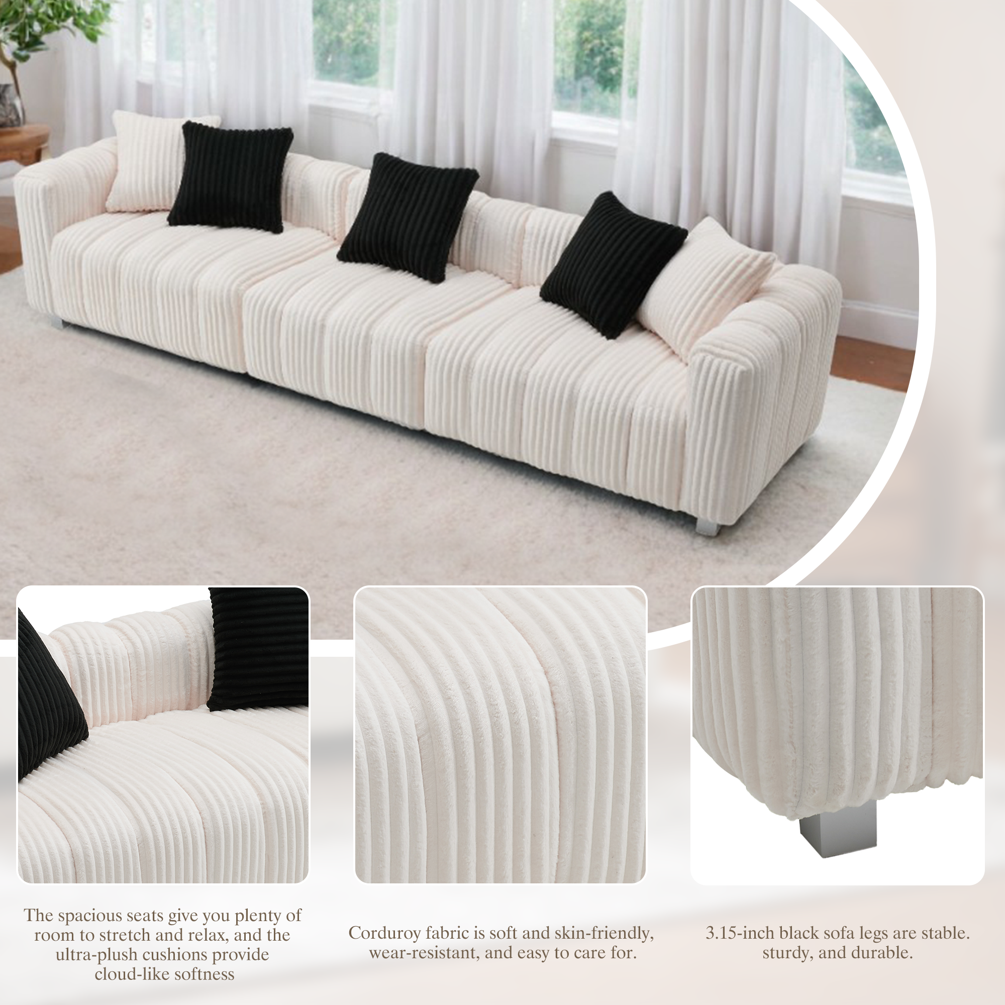 114-inch Vintage Corduroy Sofa Extra-Large Three-Seater with Cloud-Feel Cushions Solid Wood Frame Modern Minimalist Vintage-Inspired Leisure Sofa