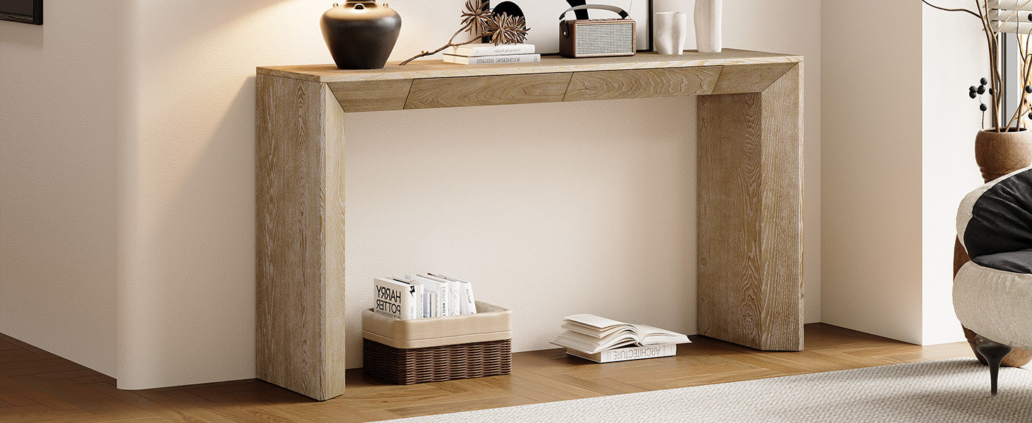 TREXM 60' Modern Farmhouse Console Table with 2 Concealed Drawers, Waterfall Design Entryway Table with Thickened Legs & Rustic Wood Grain for Living Room, Entryway & Hallway (Natural)