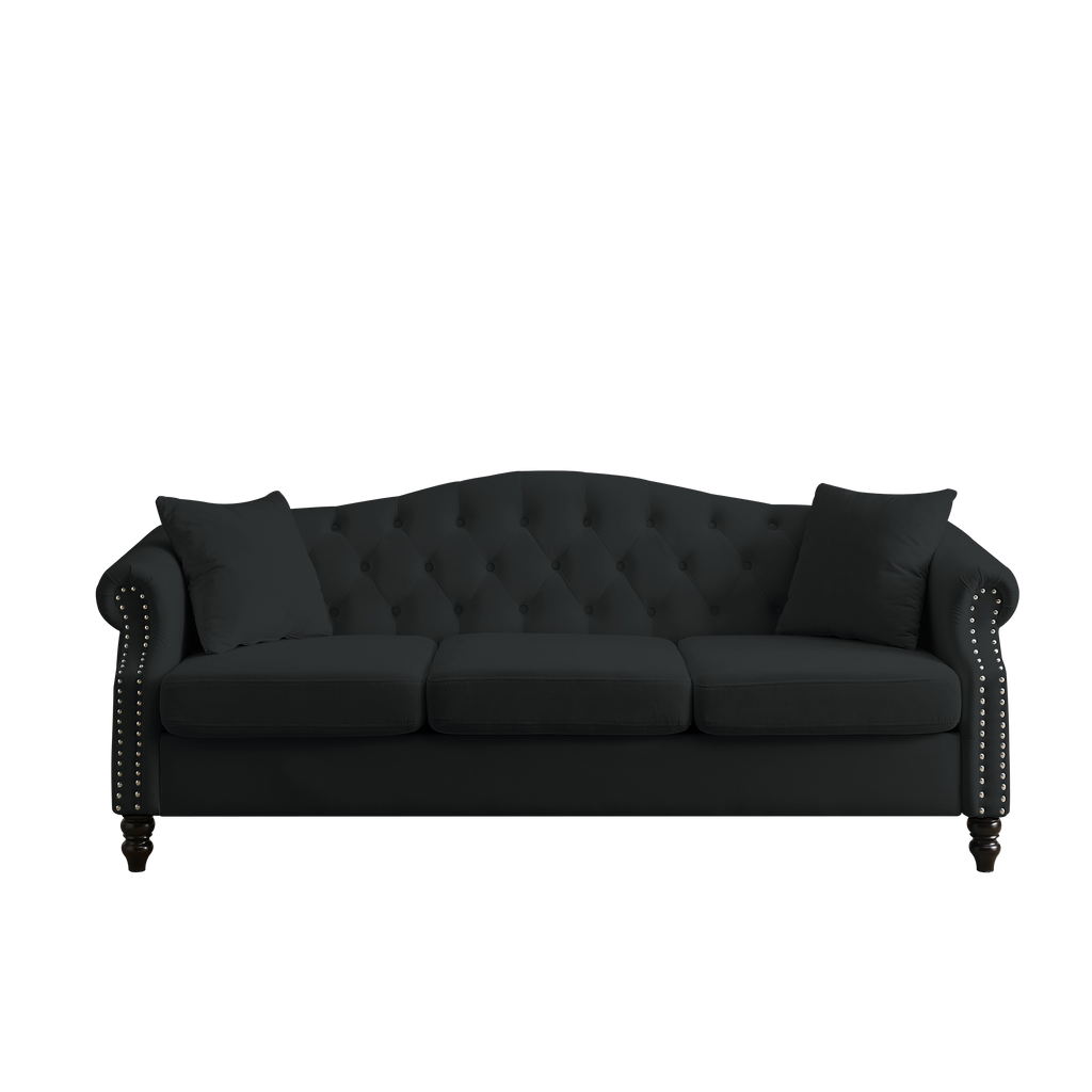 [Video] 79' Chesterfield Sofa Black Velvet for Living Room, 3 Seater Sofa Tufted Couch with Rolled Arms and Nailhead for Living Room, Bedroom, Office, Apartment, 3S+3S