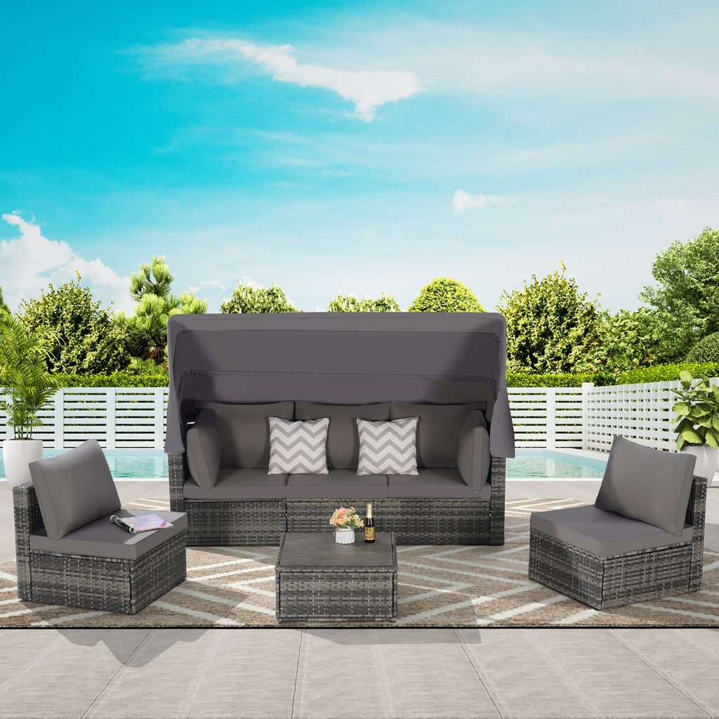5 Pieces Outdoor Patio Wicker Daybed Furniture Set with Retractable Canopy, Storable Side Table, and Soft Cushions for Relaxing in Your Backyard or Porch