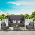5 Pieces Outdoor Patio Wicker Daybed Furniture Set with Retractable Canopy, Storable Side Table, and Soft Cushions for Relaxing in Your Backyard or Porch