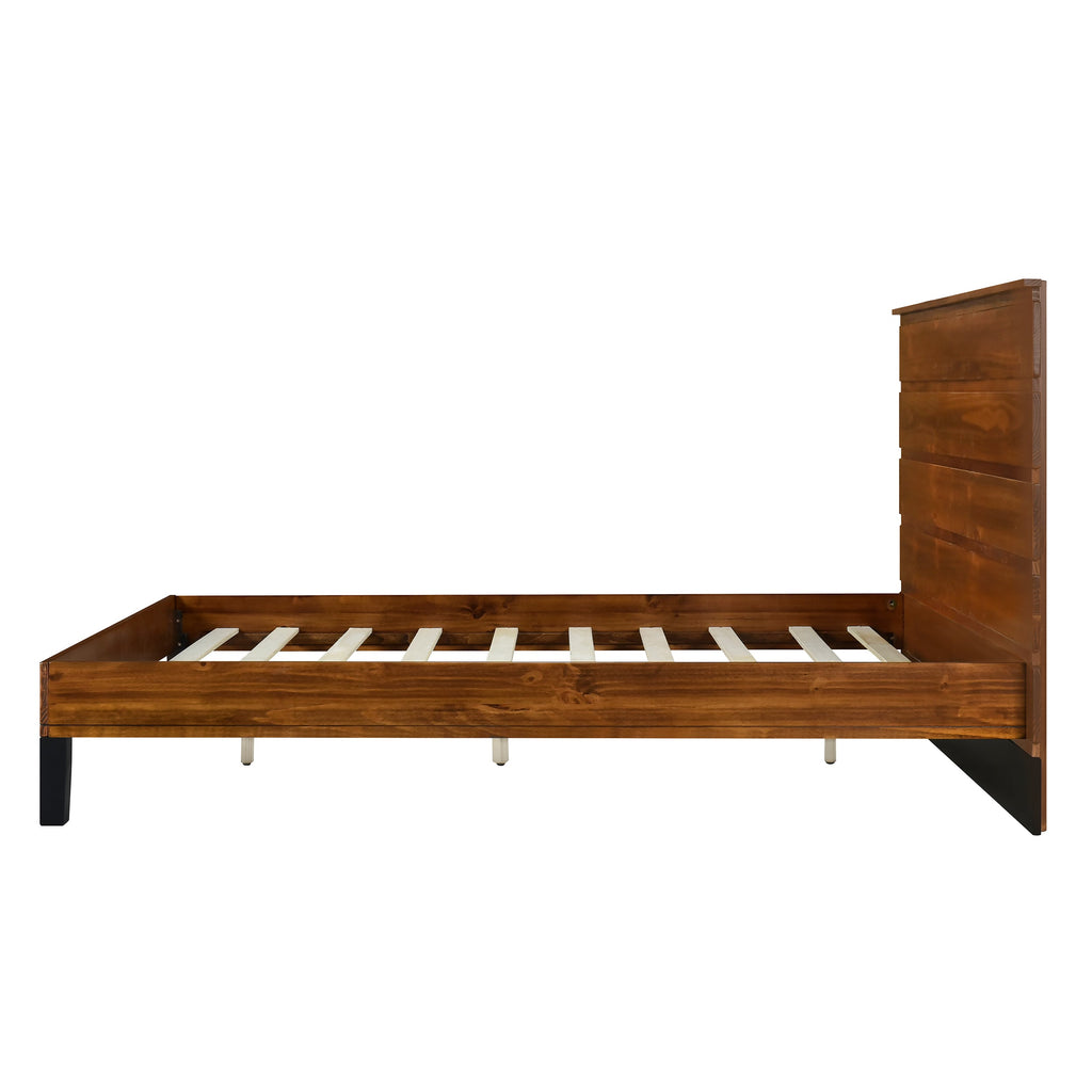 Mid-Century Modern Solid Wood Bed Frame Full Size Platform Bed with Six-Piece Headboard Design, No Box Spring Needed, Brown