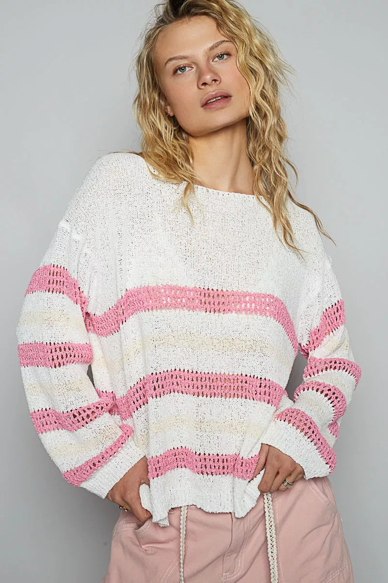 POL Striped Openwork Round Neck Knit Top