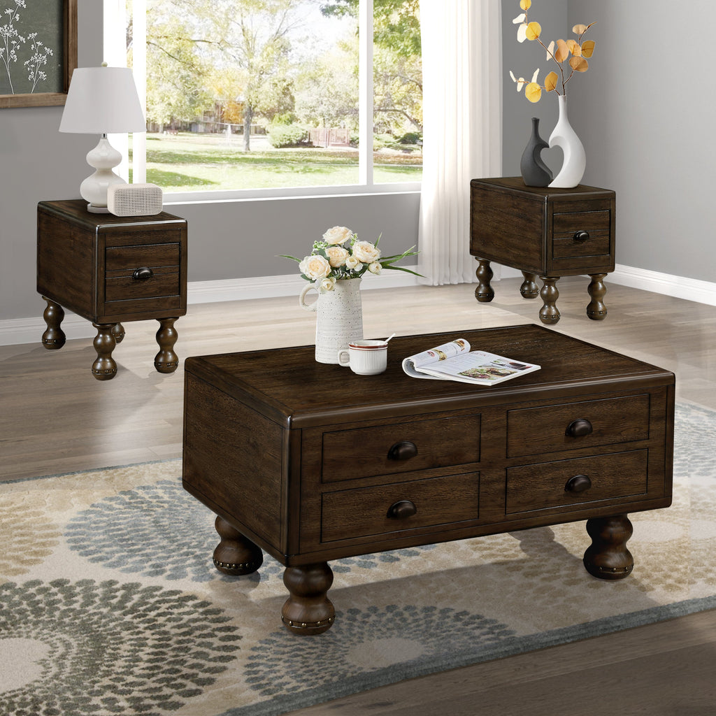 Solid Wood Rectangle Coffee Table for Living Room, 40-Inch Antique Coffee Table with 4 Drawers, Wood Center Table Tea Table with Rivet Decoration Legs.Easy Assembly, Espresso