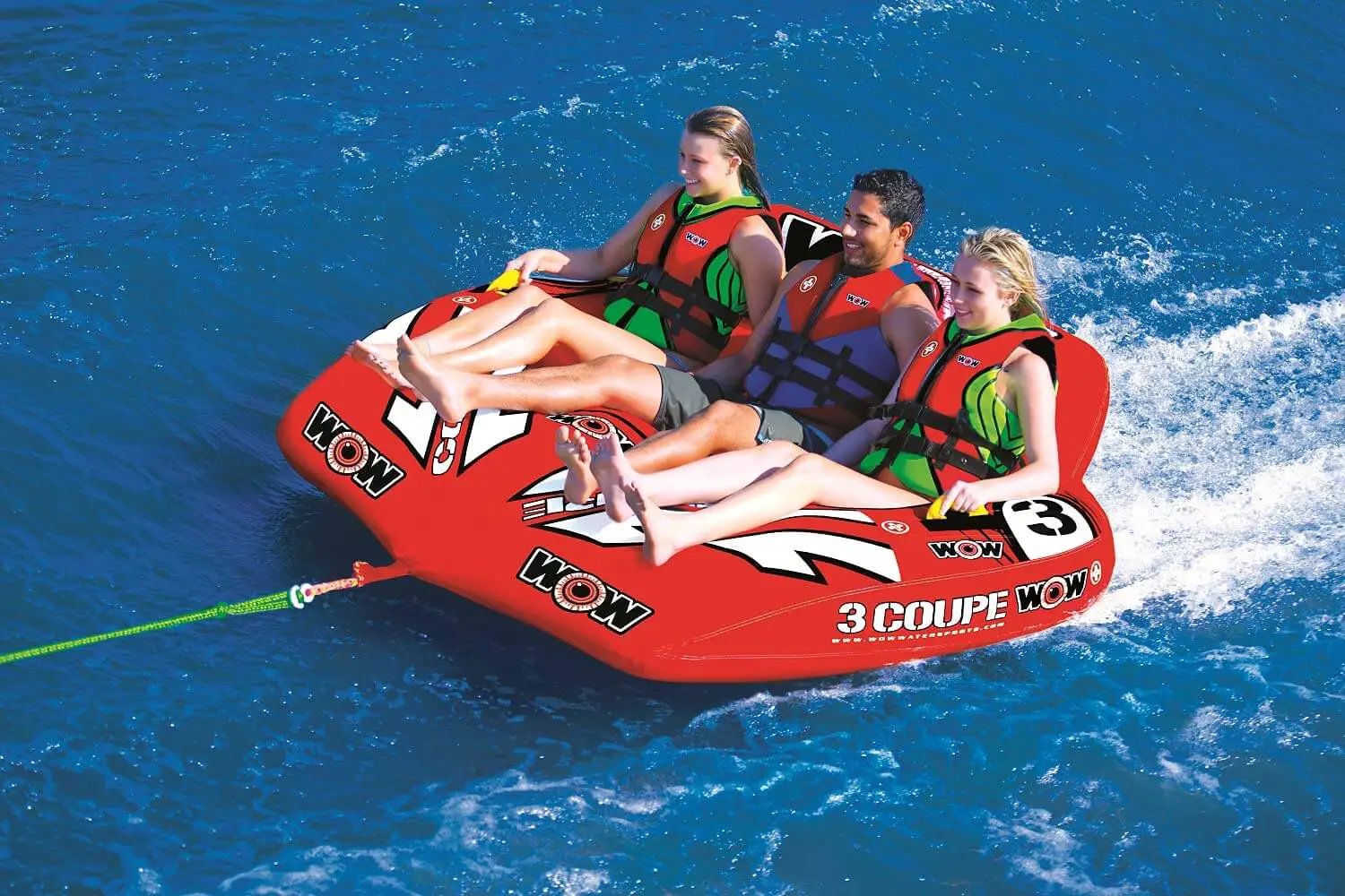 WOW Watersports 3-Person Coupe Cockpit Towable red inflatable with WOW logos