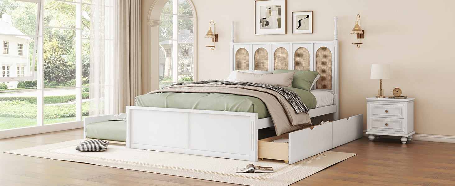Queen Size Rattan Platform Bed With with 2 Big Drawers, T Size Trundle, White