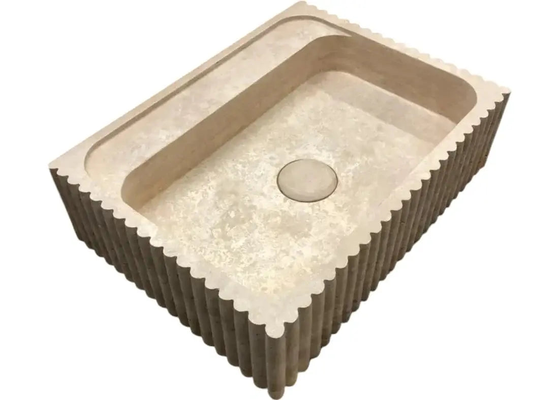Bathroom vanity sink, Oasis beige travertine, wall-mount, fluted stone basin by Villohome.