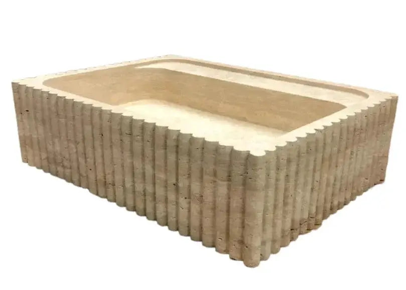 Oasis Beige Travertine wall-mount bathroom vanity sink by Villohome, fluted rectangular basin