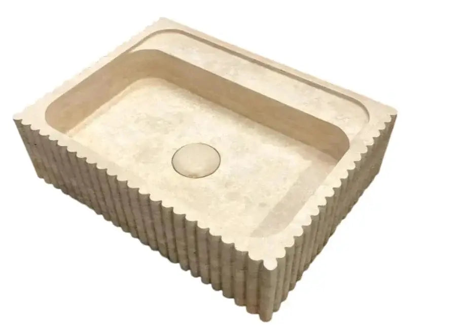 Oasis beige travertine wall-mount bathroom sink with fluted exterior, rectangular 20x24 in.
