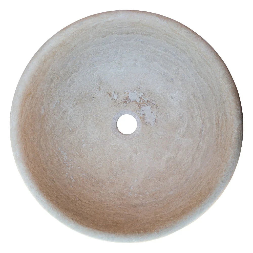 Beige travertine natural stone above-counter vessel sink, honed and filled, 16 in diameter