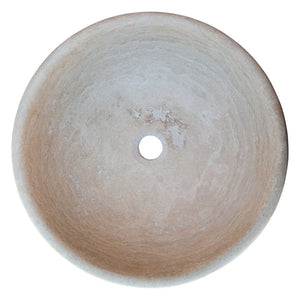Beige travertine natural stone above-counter vessel sink, honed and filled, 16 in diameter