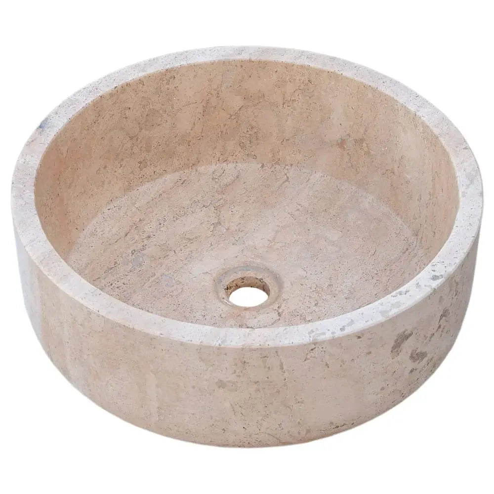 Round beige travertine stone bathroom sink, above-counter, 16-inch, honed