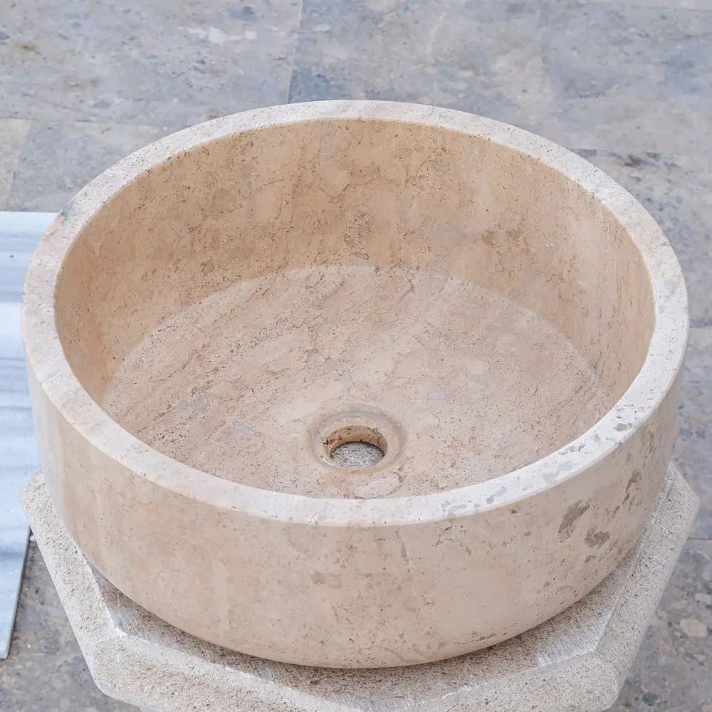Villohome travertine round bathroom sink, Tuscany Beige, 16-inch diameter, honed finish