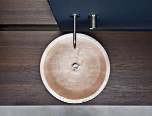 Round travertine bathroom sink by Villohome, Tuscany Beige, honed finish, 16" diameter.