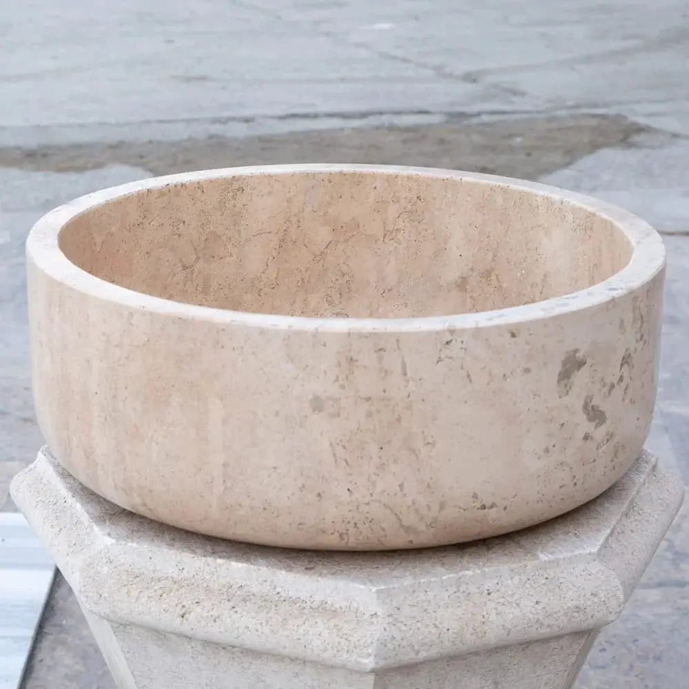 Stone sink Villohome Tuscany Beige travertine, above-vanity bathroom bowl, 16 dia x 6 high, honed