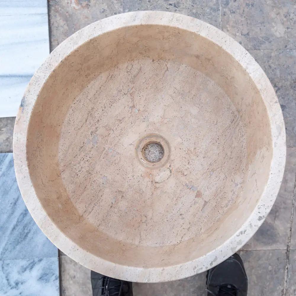 Villohome Natural Stone Tuscany Beige travertine bathroom sink, round above-vanity basin, honed finish, 16in diameter.