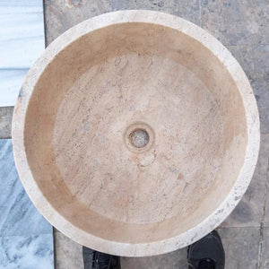 Villohome Natural Stone Tuscany Beige travertine bathroom sink, round above-vanity basin, honed finish, 16in diameter.