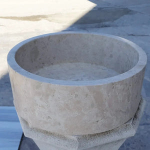 Natural beige travertine above-vanity bathroom sink with honed round stone basin (16" dia x 6" high)