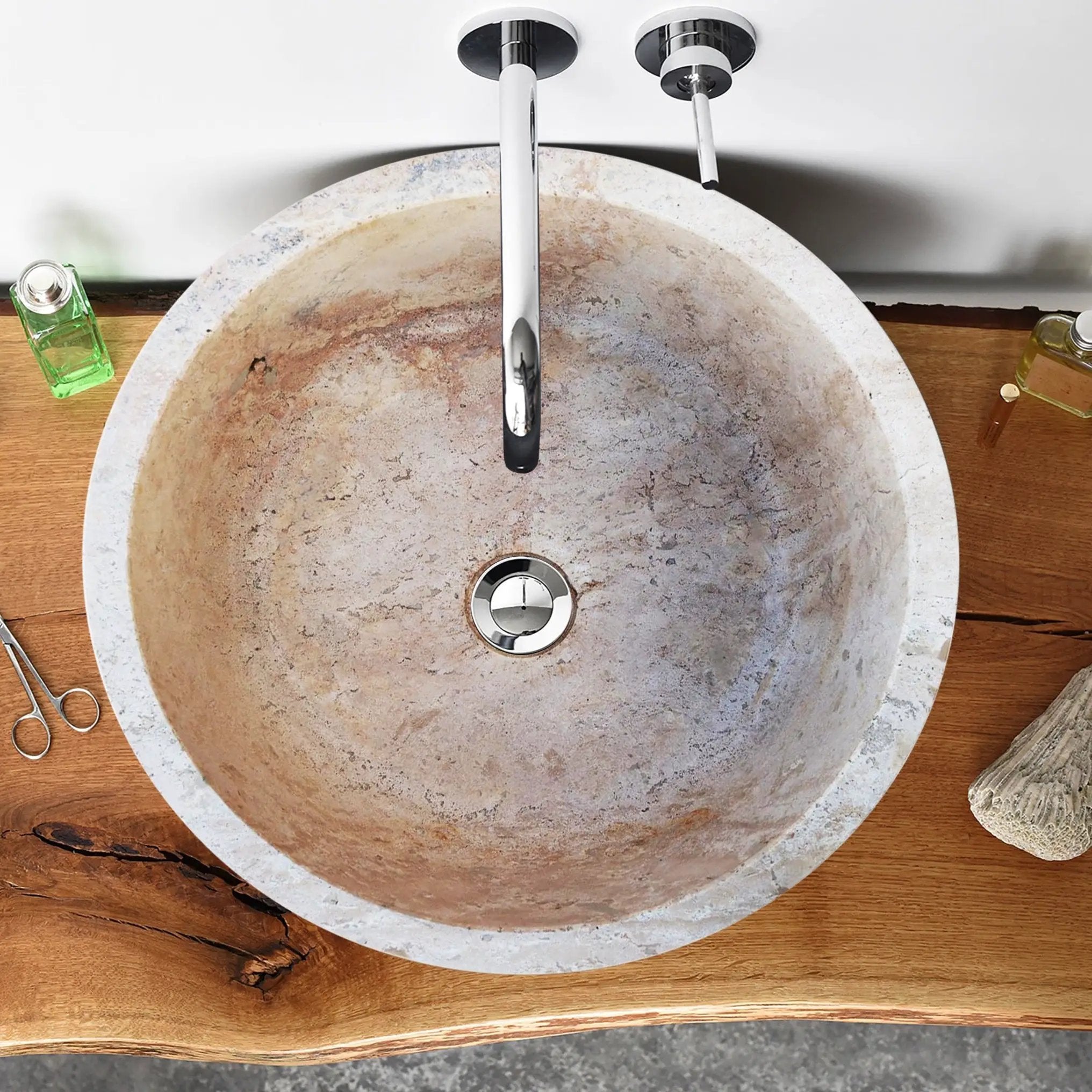 Travertine beige stone sink, self-rimming bathroom sink by Villohome with chrome faucet.