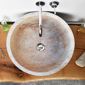 Travertine beige stone sink, self-rimming bathroom sink by Villohome with chrome faucet.