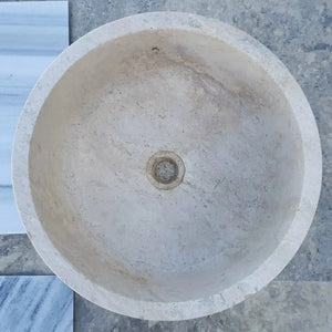 Villohome round beige travertine bathroom sink, self-rimming drop-in style.