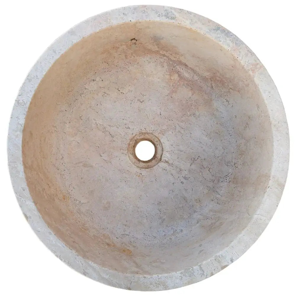 Round natural beige travertine bathroom sink by Villohome, self-rimming drop-in