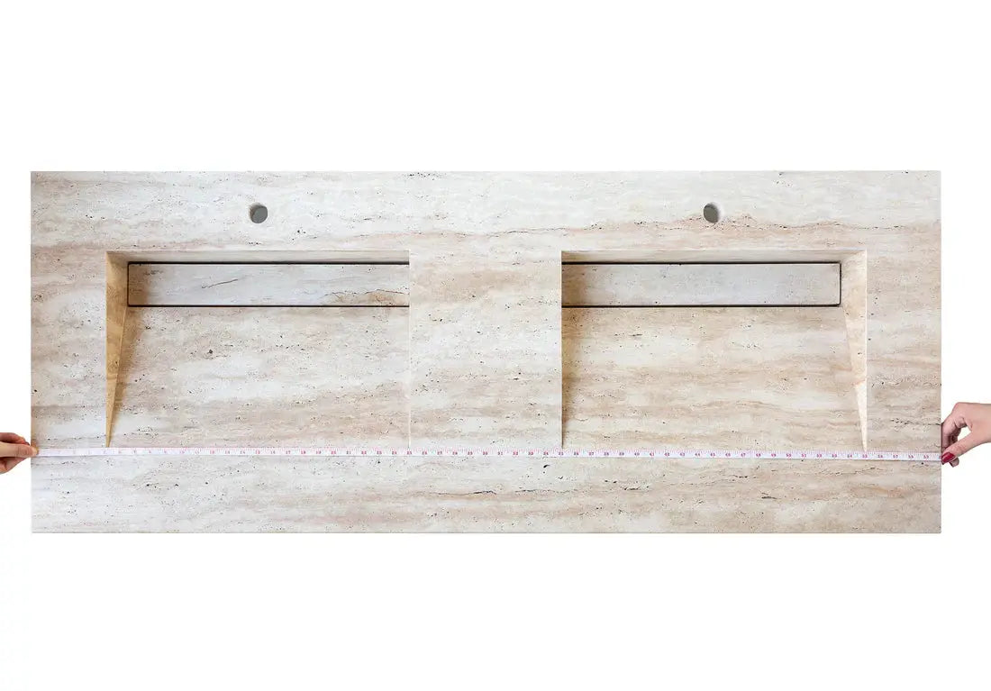 Double-sink vanity top in Villohome Troia Light travertine vein-cut with two basins