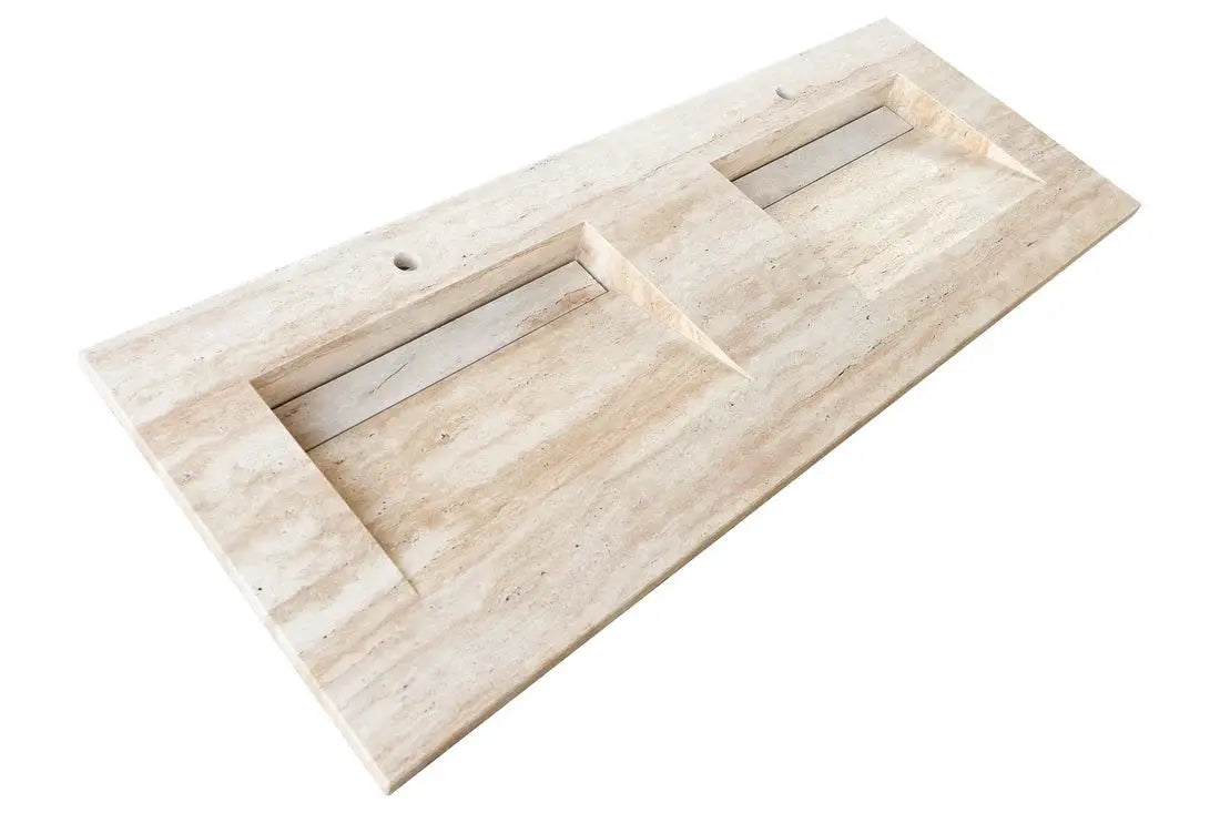 Double-sink vanity top in Troia Light Travertine vein-cut stone by Villohome for bathroom sinks