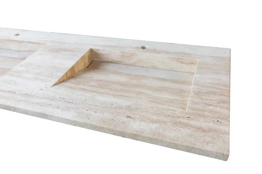 Troia Light Travertine vein-cut double sink vanity countertop by Villohome
