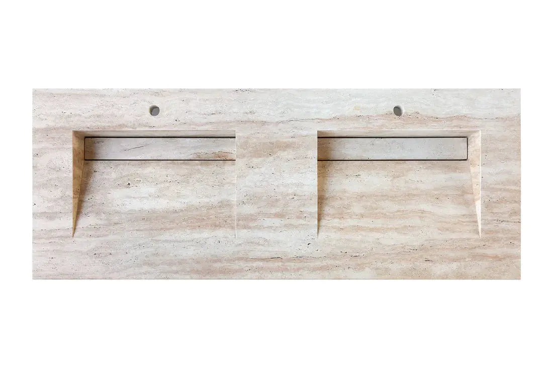 Troia Light Travertine vein-cut double bathroom sink for above-vanity installation