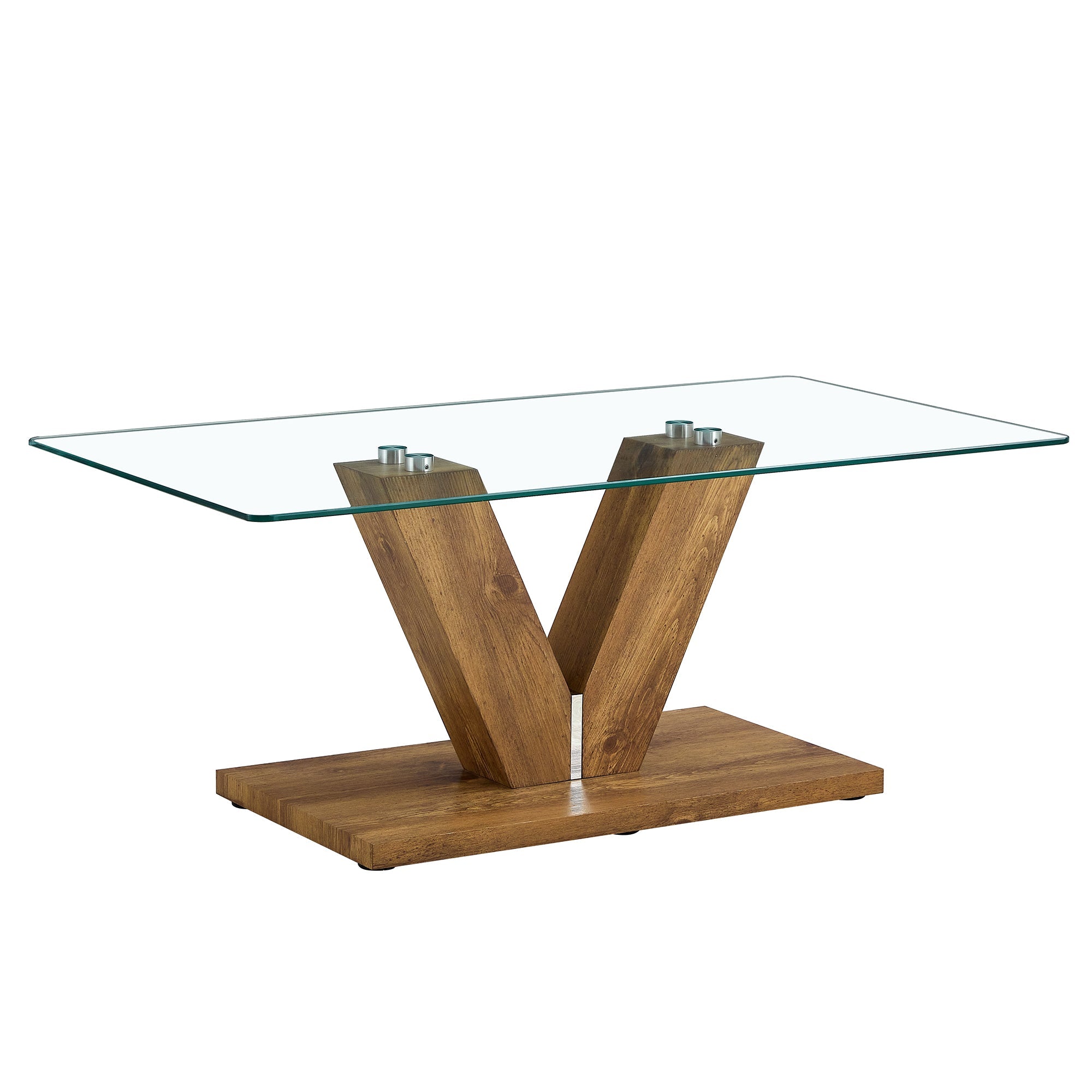 A modern minimalist style coffee table. Transparent tempered glass tabletop with wooden MDF columns. Suitable for living room and dining room.  CT-V