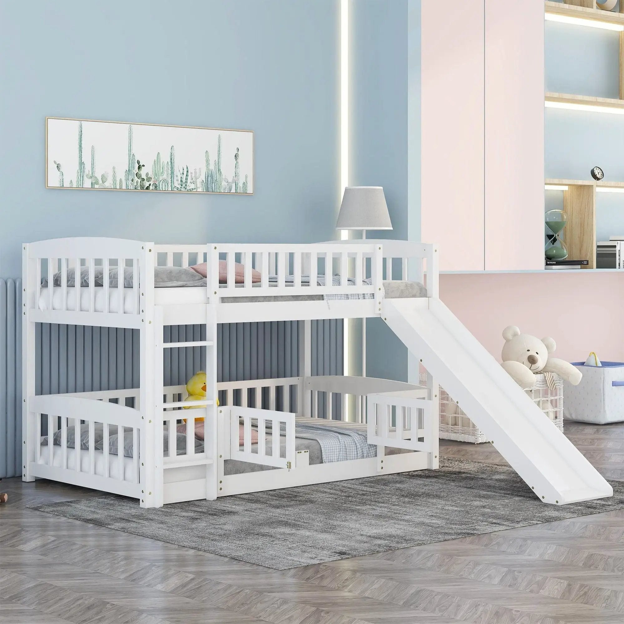 Low Bunk Bed With Slide, Fence And Ladder
