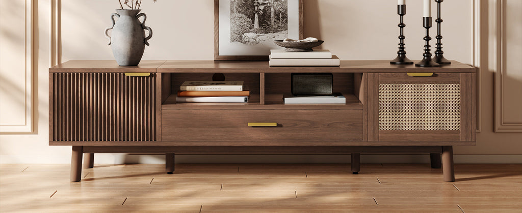 Wood Fashionable TV Stand for 75' TVs, TV Cabinet with Soft-Closing Door and Drop-Down Door Cabinet, Modern TV Consoles for Living Room, Bedroom