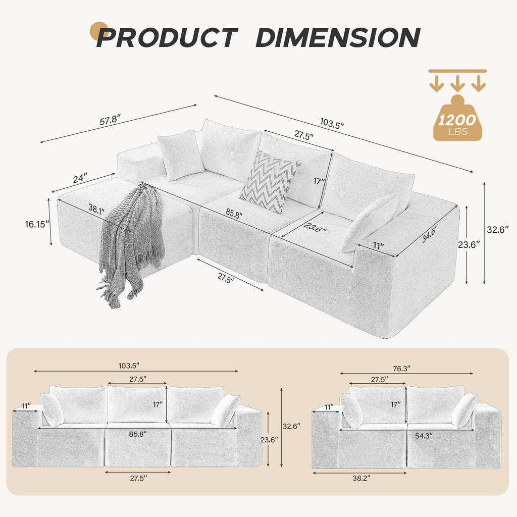 103' Modular Sectional Sofa, L Shaped Cloud Sectional Couch with Deep Seats, Modern Boneless Couch with Chaise, No Assembly Foam Couches, Upholstered Couches for Living Room & Bedroom & Game Room