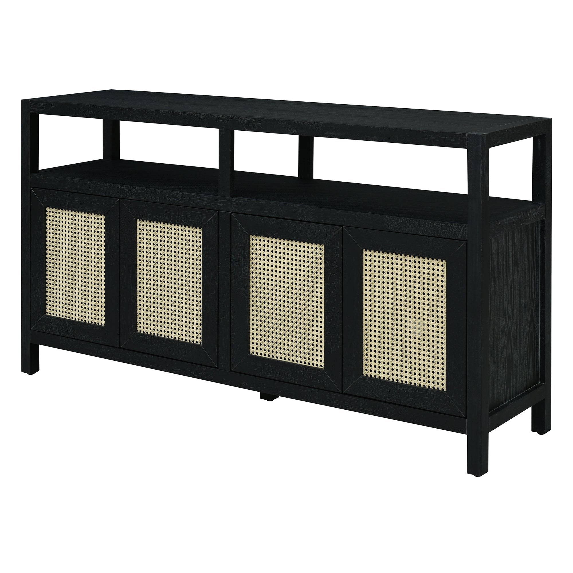 TREXM Bohemian Style Rattan Buffet Storage Cabinet with Solid Wood Frame, Sideboard with 3-position Adjustable Shelves for Living & Dining Rooms, No-Handle Push-to-Open Design (Black)