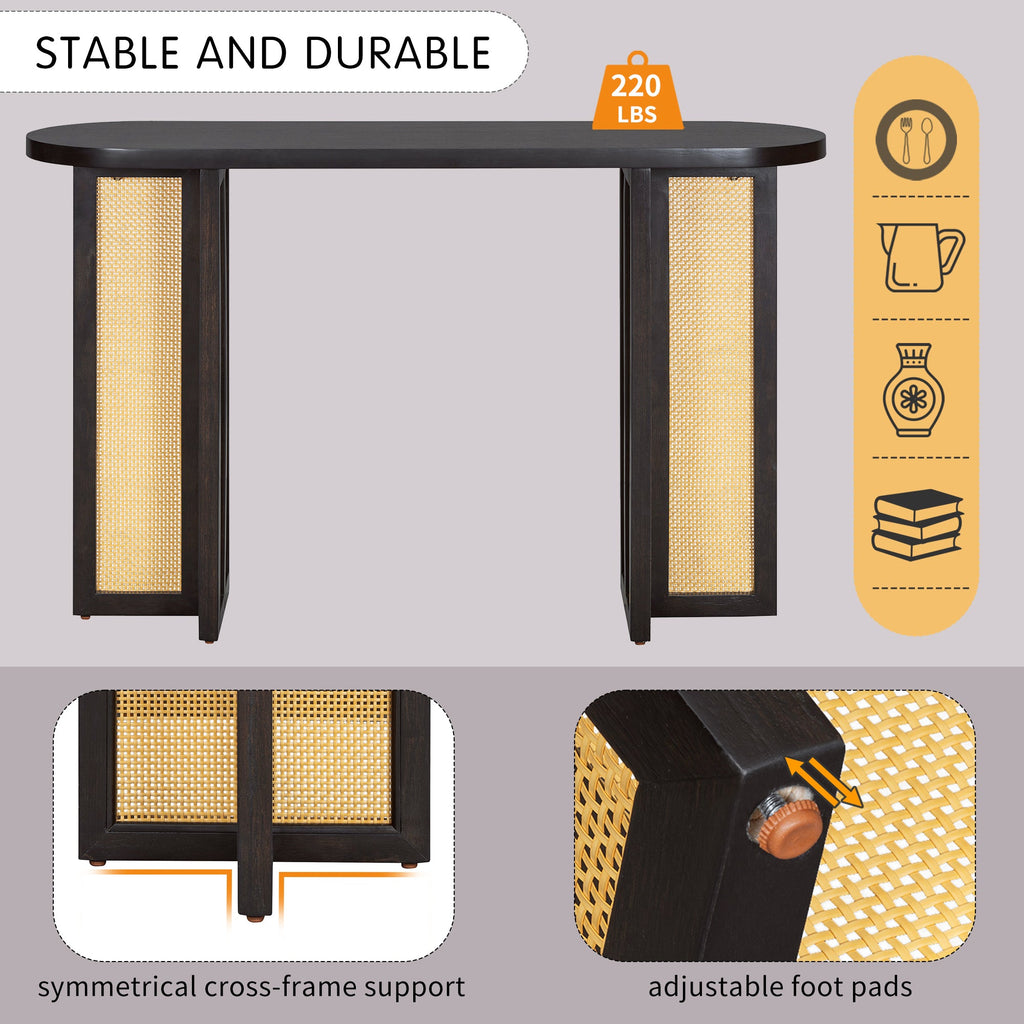 TREXM Farmhouse Rattan Console Table Entryway Table, Narrow Console Table with Storage, Hallway Table for Living Room, Entrance (Espresso)