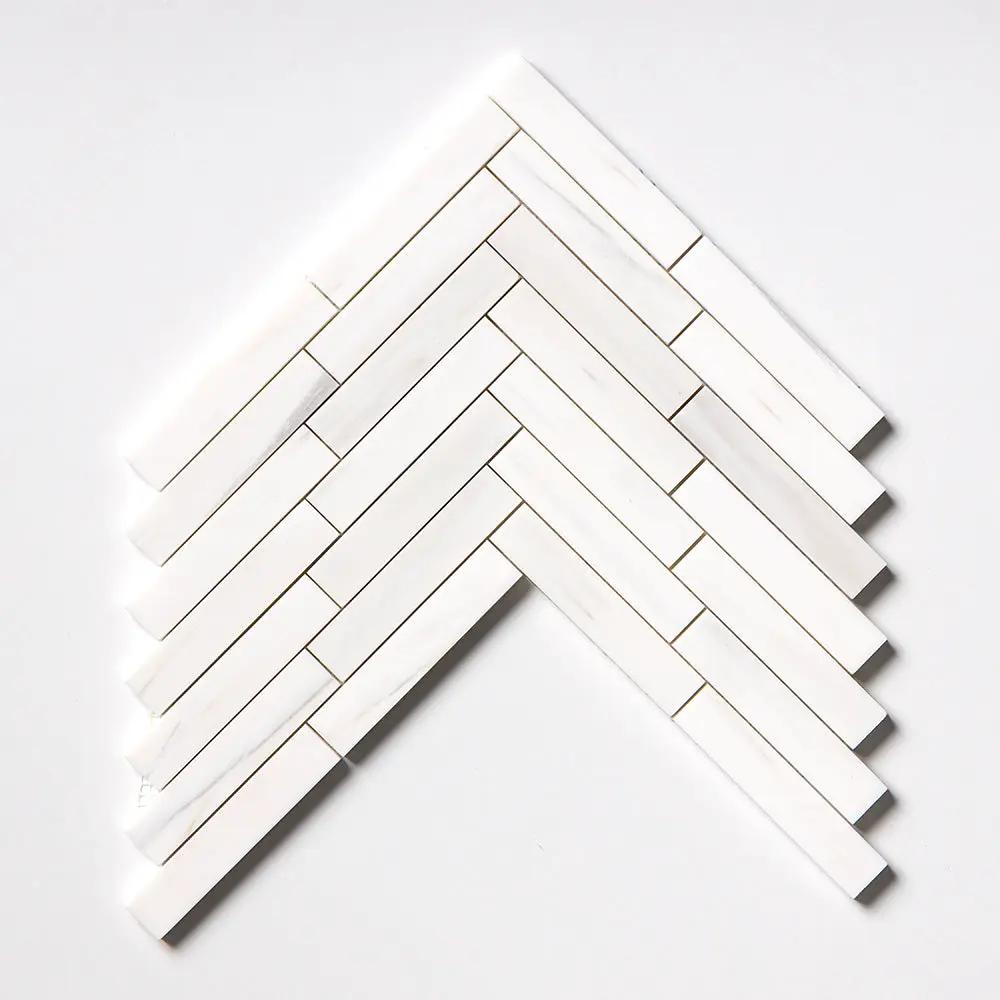 Bianco Dolomiti Polished Large Herringbone Marble Mosaics 12 7/8x8 9/16