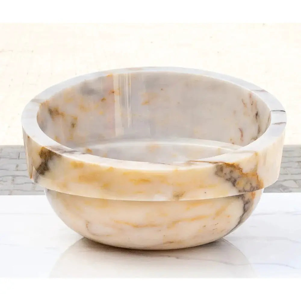 Villohome Bianco Giallo marble vessel sink bowl, above-vanity, polished white with yellow veining, 16in dia x 9in H