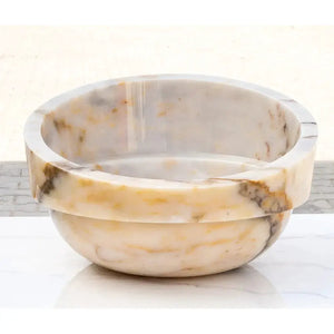 Villohome Bianco Giallo marble vessel sink bowl, above-vanity, polished white with yellow veining, 16in dia x 9in H
