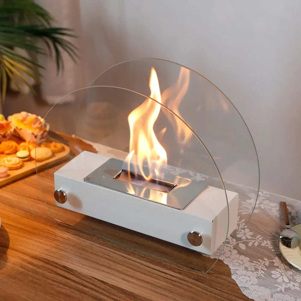 Portable tabletop fireplace, white with curved glass shield