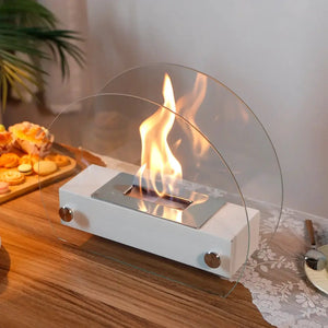 Portable tabletop fireplace, white with curved glass shield