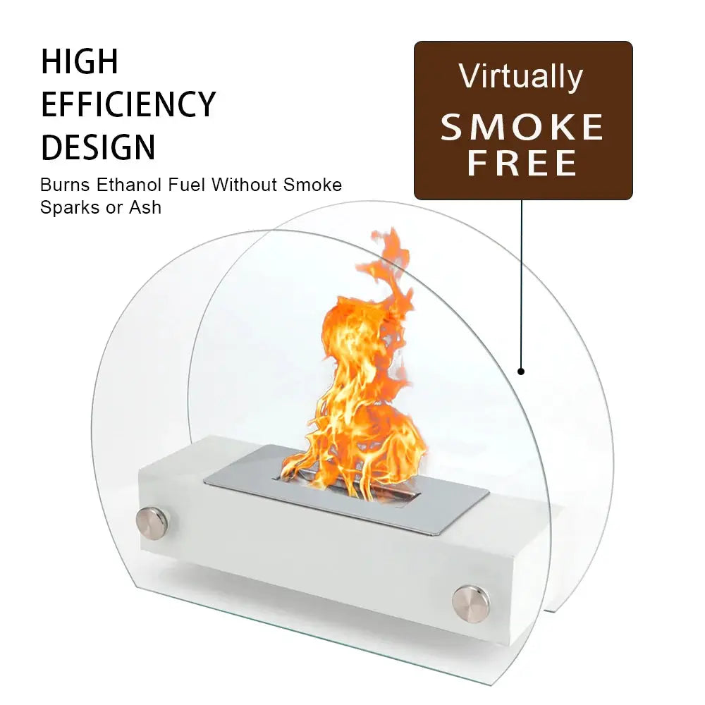 JHY DESIGN 13.5 in White Portable Tabletop Fireplace with curved glass shield and gel & ethanol fuel.