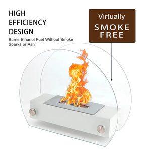 JHY DESIGN 13.5 in White Portable Tabletop Fireplace with curved glass shield and gel & ethanol fuel.
