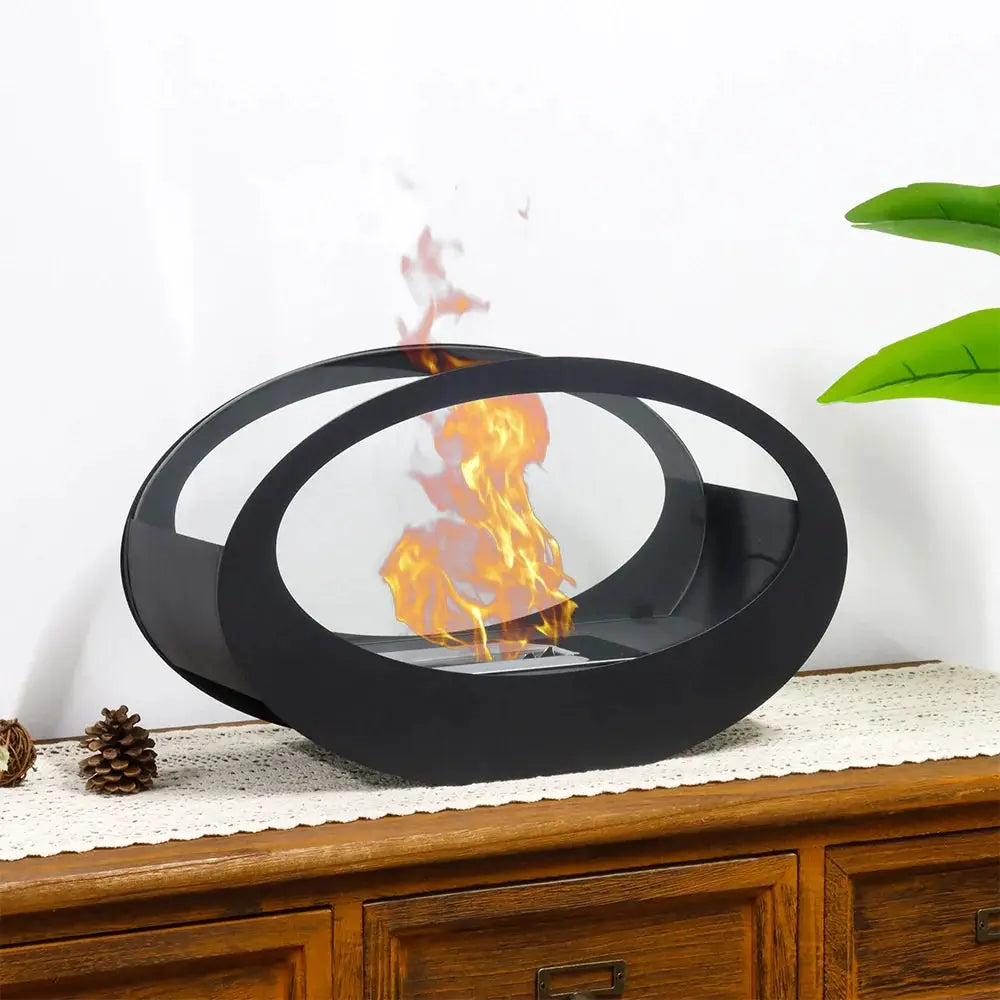 Black metal tabletop fireplace with circular ring design, JHY DESIGN gel/ethanol unit